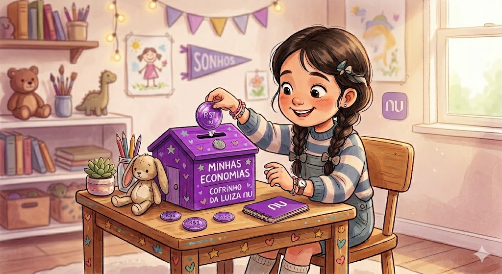 Menina com cofrinho Nubank